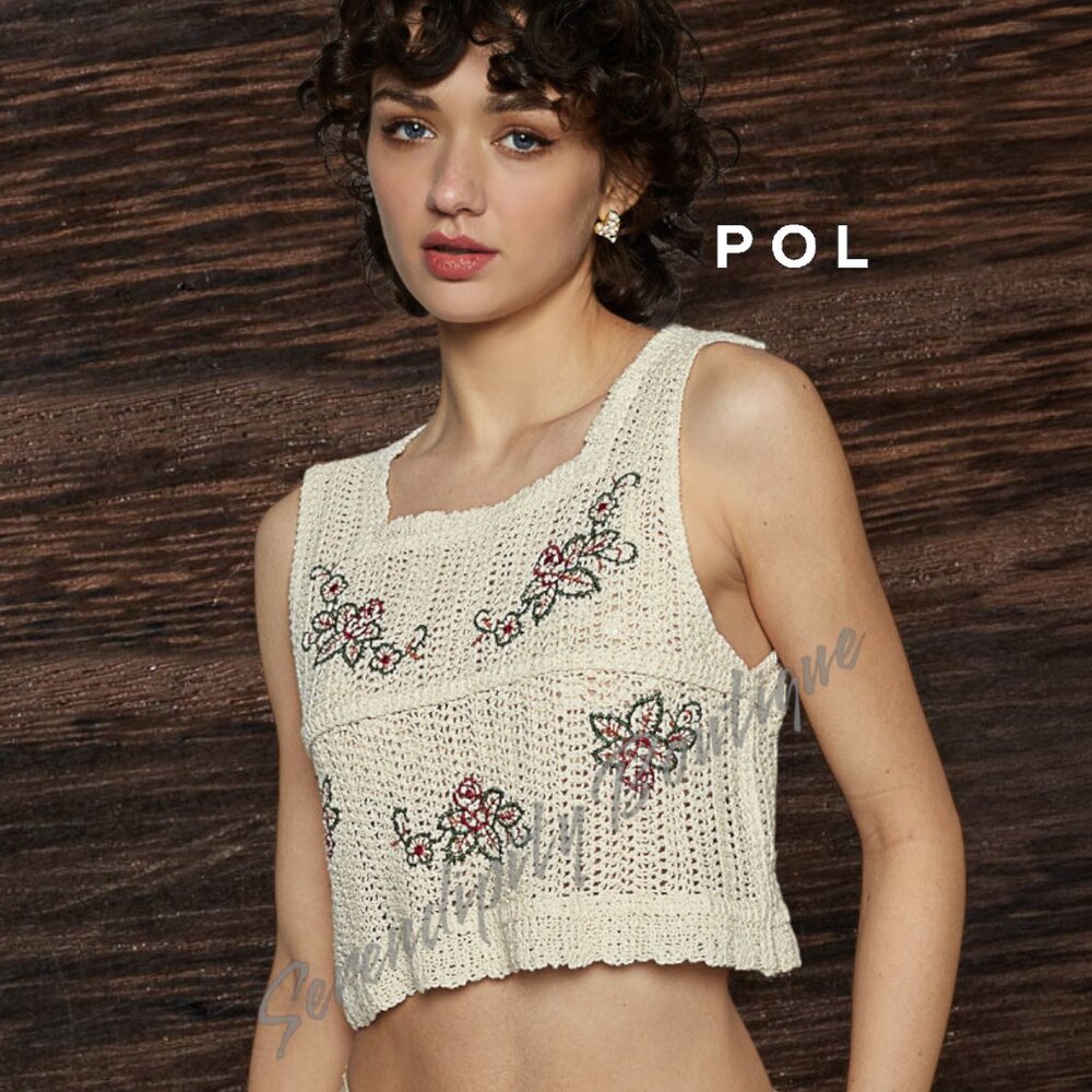 POL Crochet Delicate Floral Embroidered Soft Natural Open Knit Sleeveless Crop T